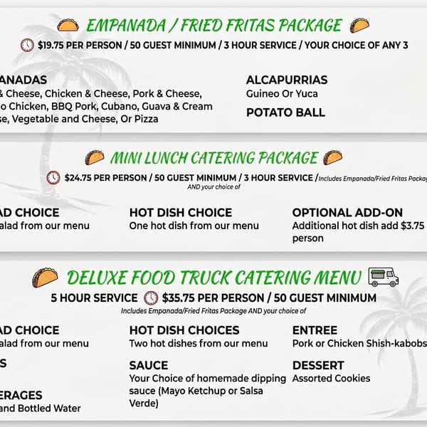 Catering menu graphic featuring empanada, fried fritas, mini lunch, and deluxe food truck catering packages.