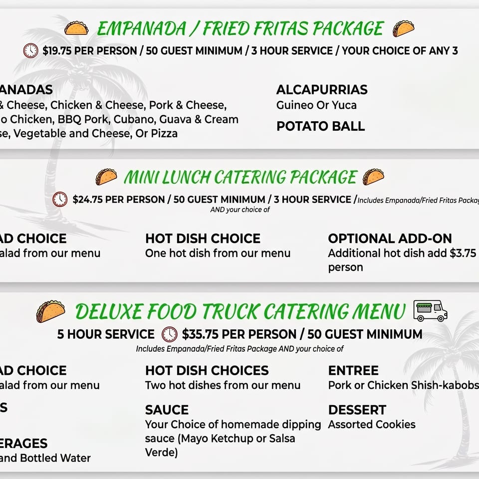 Catering menu graphic featuring empanada, fried fritas, mini lunch, and deluxe food truck catering packages.
