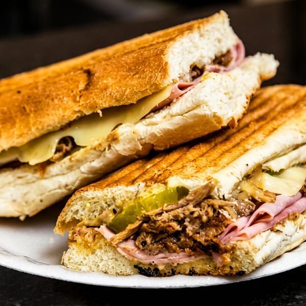 Two toasted submarine sandwiches filled with sliced ham, melted cheese, pulled meat, and pickles on a white plate.