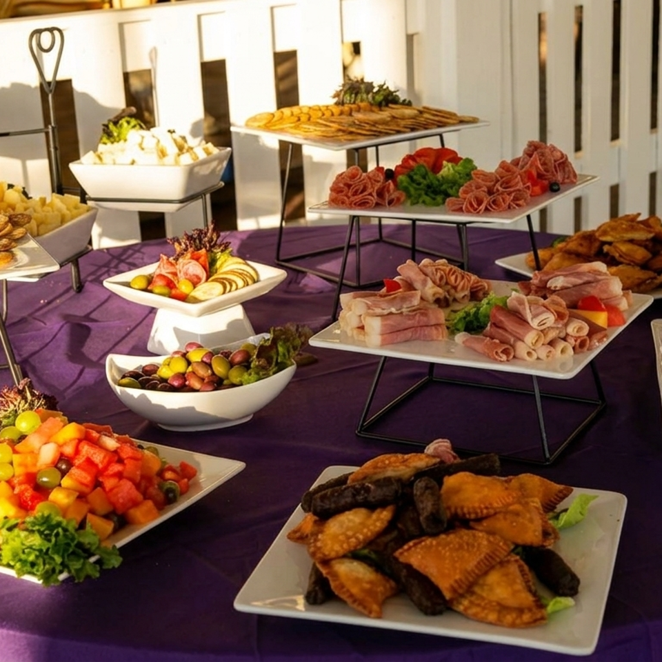 Buffet spread featuring assorted pastries, sliced meats, fruit, olives, fried appetizers, and vegetables on a purple tablecloth.