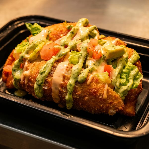 Crispy breaded tacos topped with avocado, lettuce, tomatoes, and creamy green and pink sauces in a black tray.