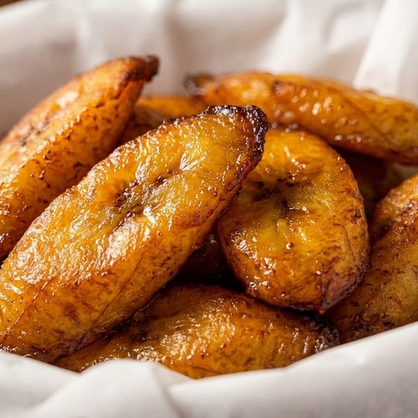 Glazed golden plantains piled in a paper-lined serving basket.