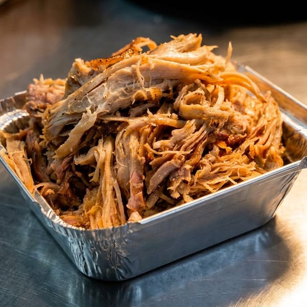 Crispy shredded fried food piled in a rectangular aluminum takeaway tray on a reflective restaurant table.